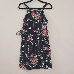 EUC DISH Asian Inspired Black Floral Y2K Sundress with Cherry Blossoms & Kanji